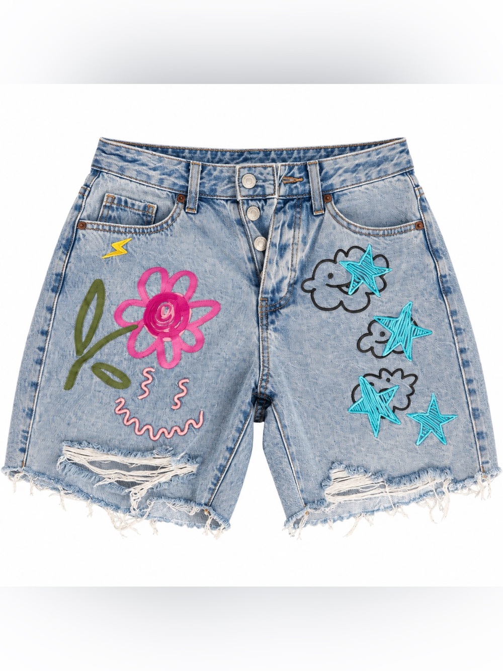 Forever 21 Light Blue Denim Shorts with Pink Flower & Teal Stars XXS
